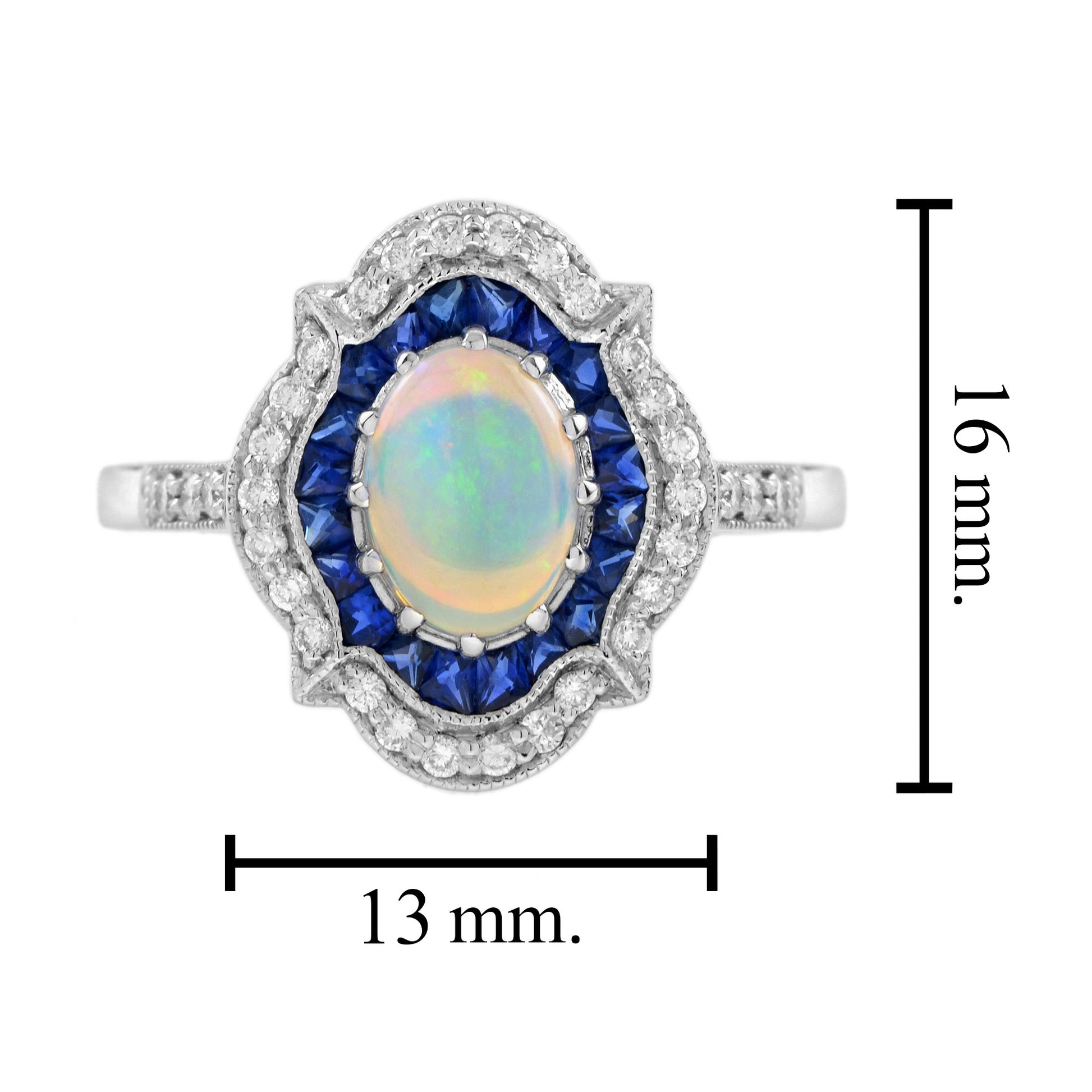 White Oval Opal & Blue Sapphire Diamond Art Deco Style Halo 14K White Gold Ring