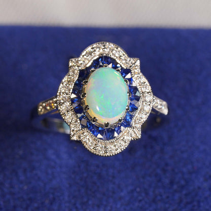 White Oval Opal & Blue Sapphire Diamond Art Deco Style Halo 14K White Gold Ring