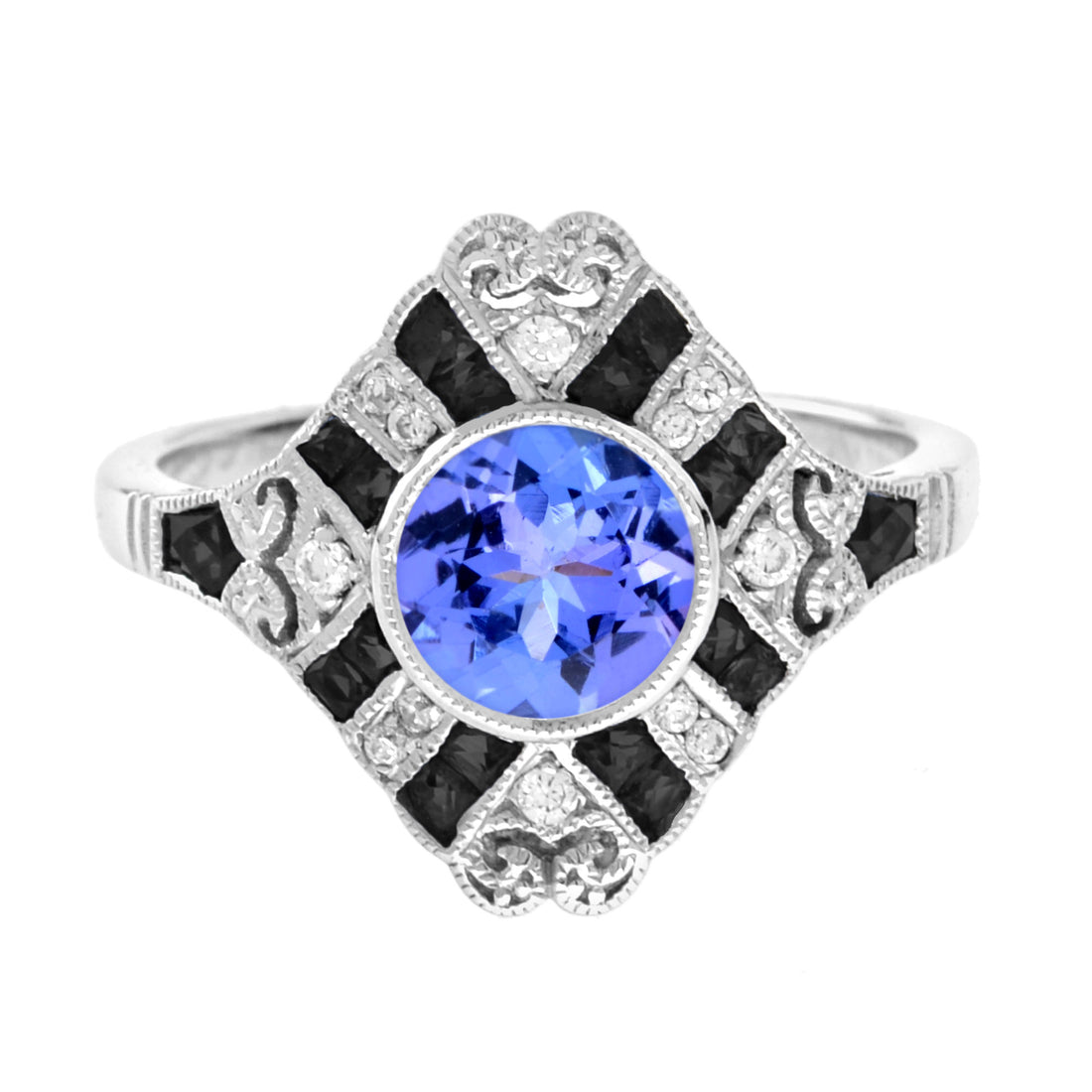 Round Blue Violet Tanzanite Diamond & Onyx Art Deco Style 18K White Gold Ring