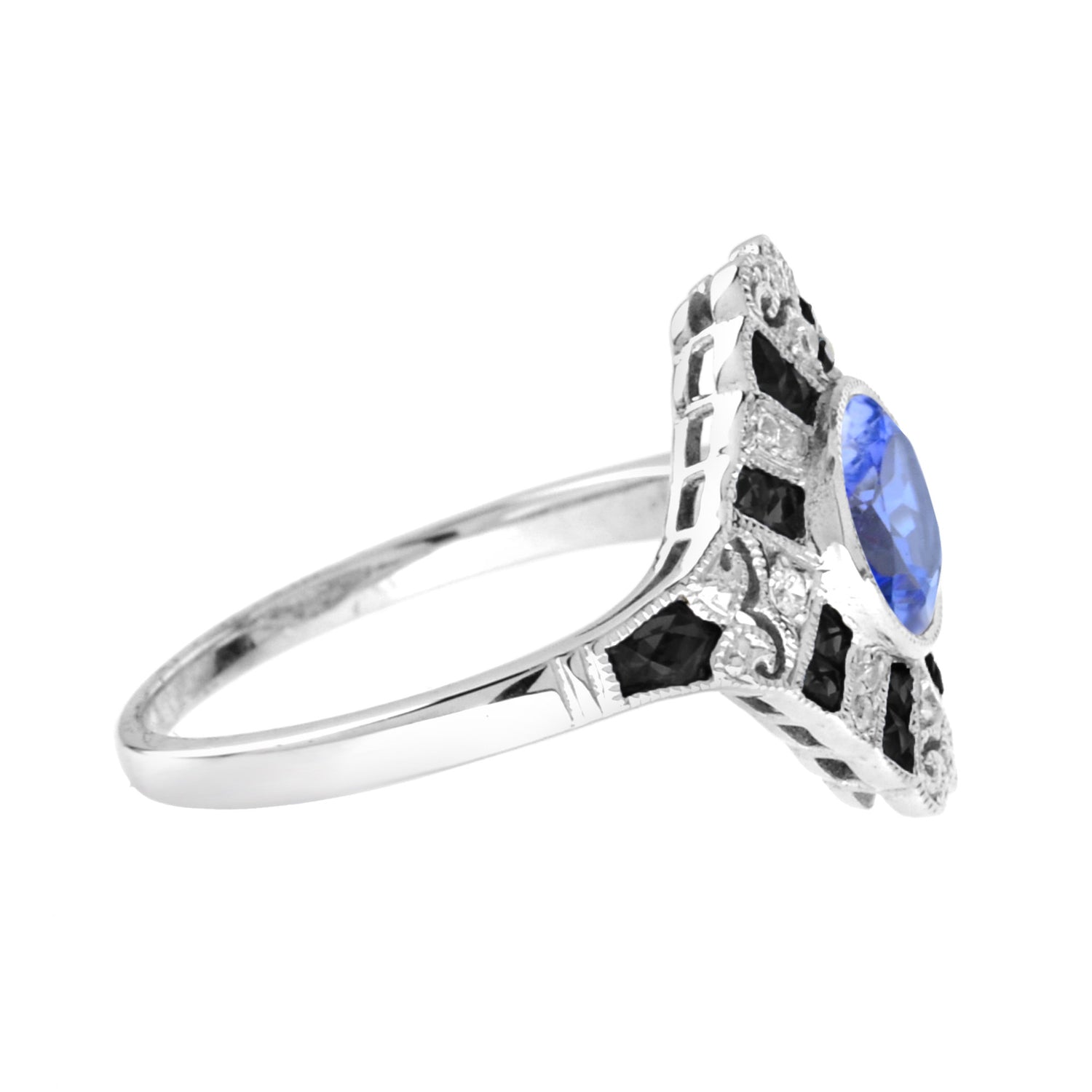 Round Blue Violet Tanzanite Diamond &amp; Onyx Art Deco Style 18K White Gold Ring