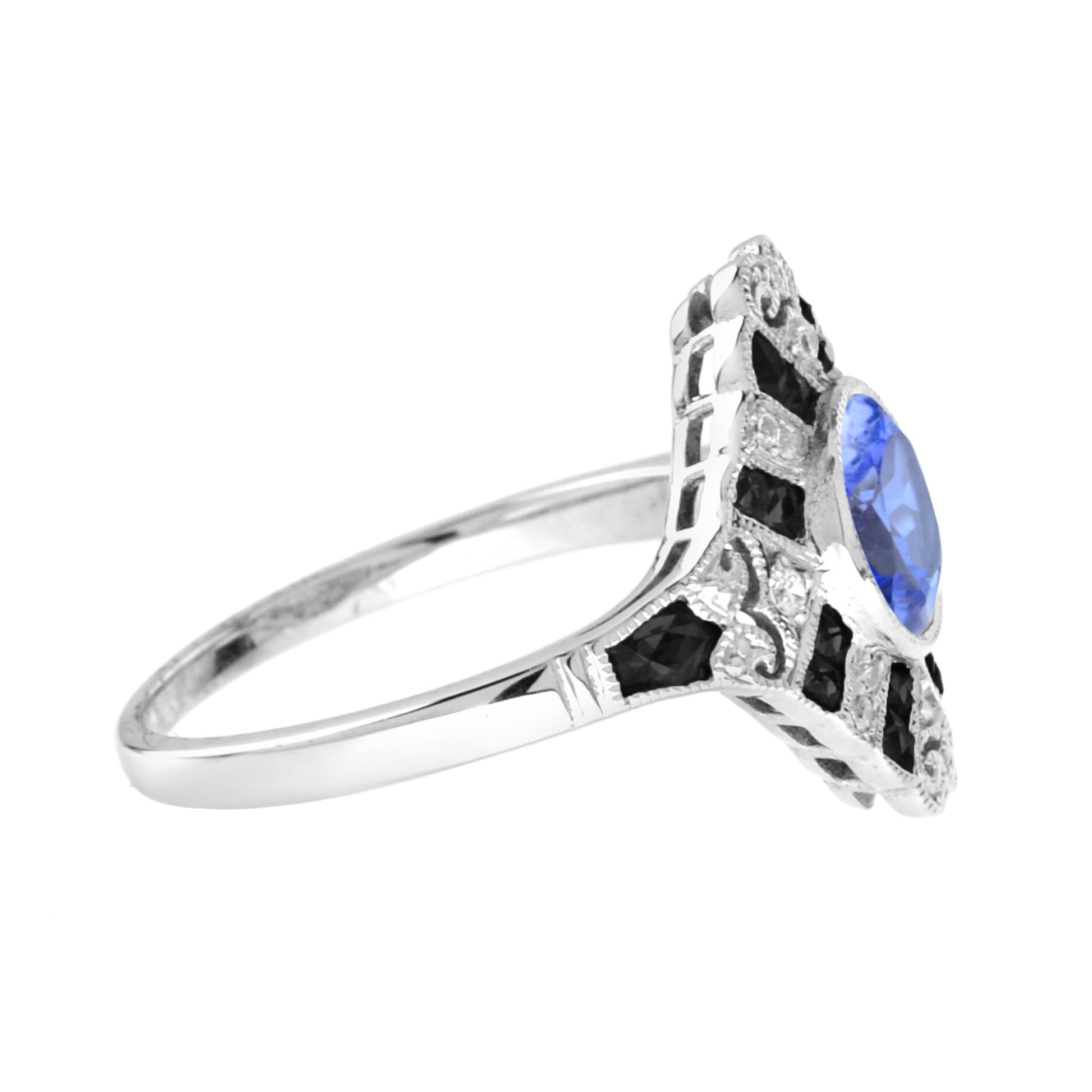 Round Blue Violet Tanzanite Diamond & Onyx Art Deco Style 18K White Gold Ring