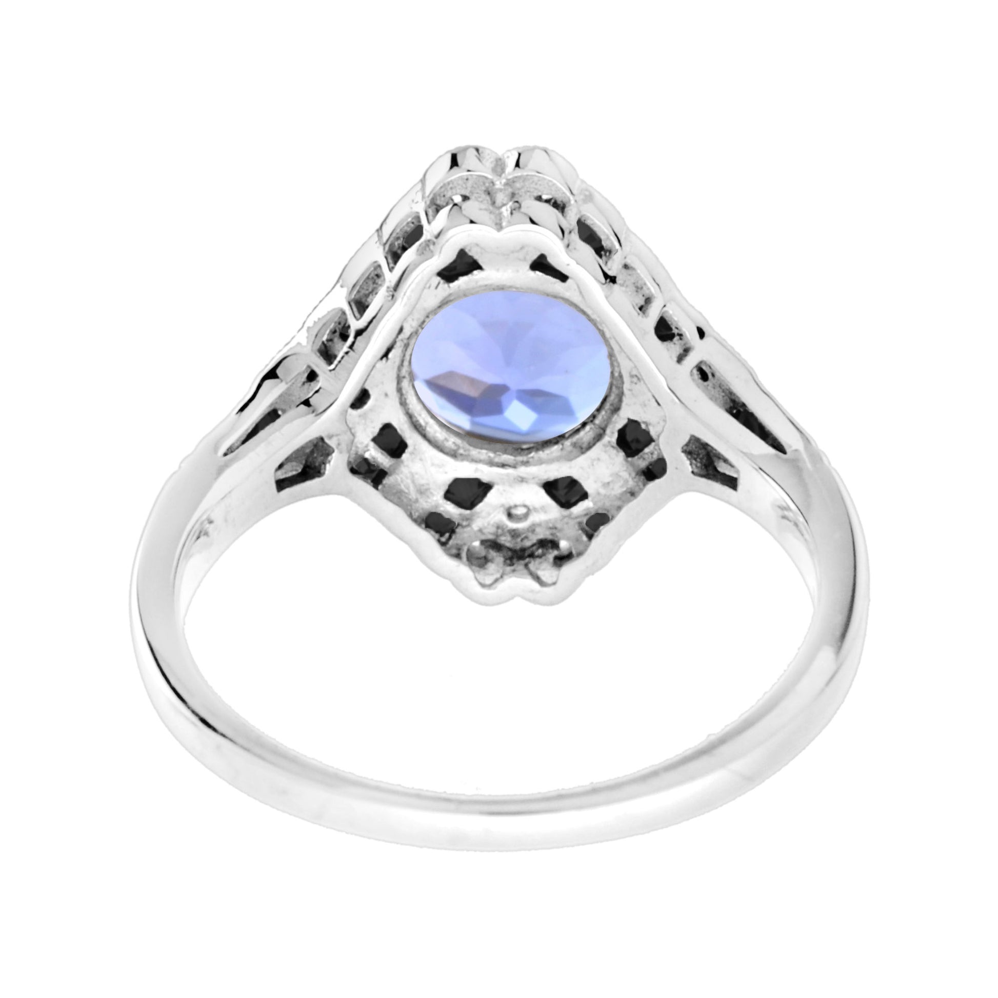 Round Blue Violet Tanzanite Diamond & Onyx Art Deco Style 18K White Gold Ring