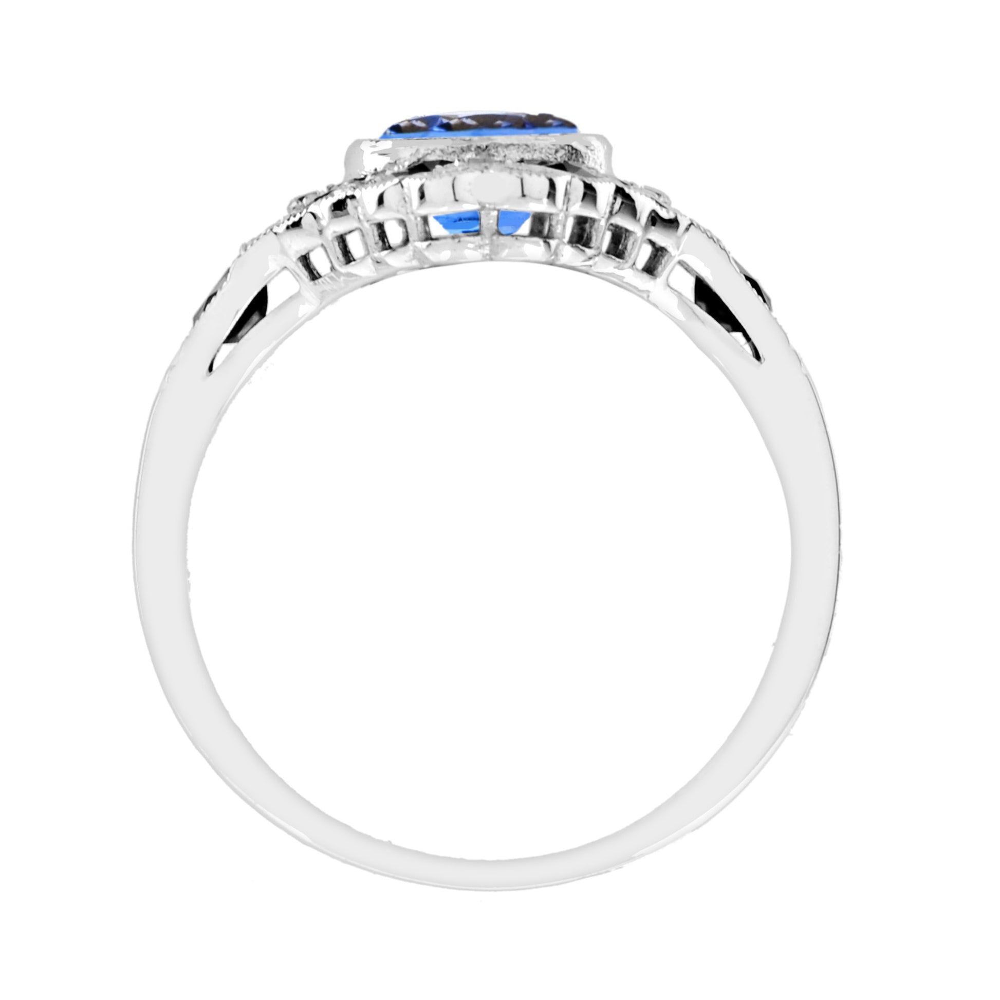 Round Blue Violet Tanzanite Diamond & Onyx Art Deco Style 18K White Gold Ring