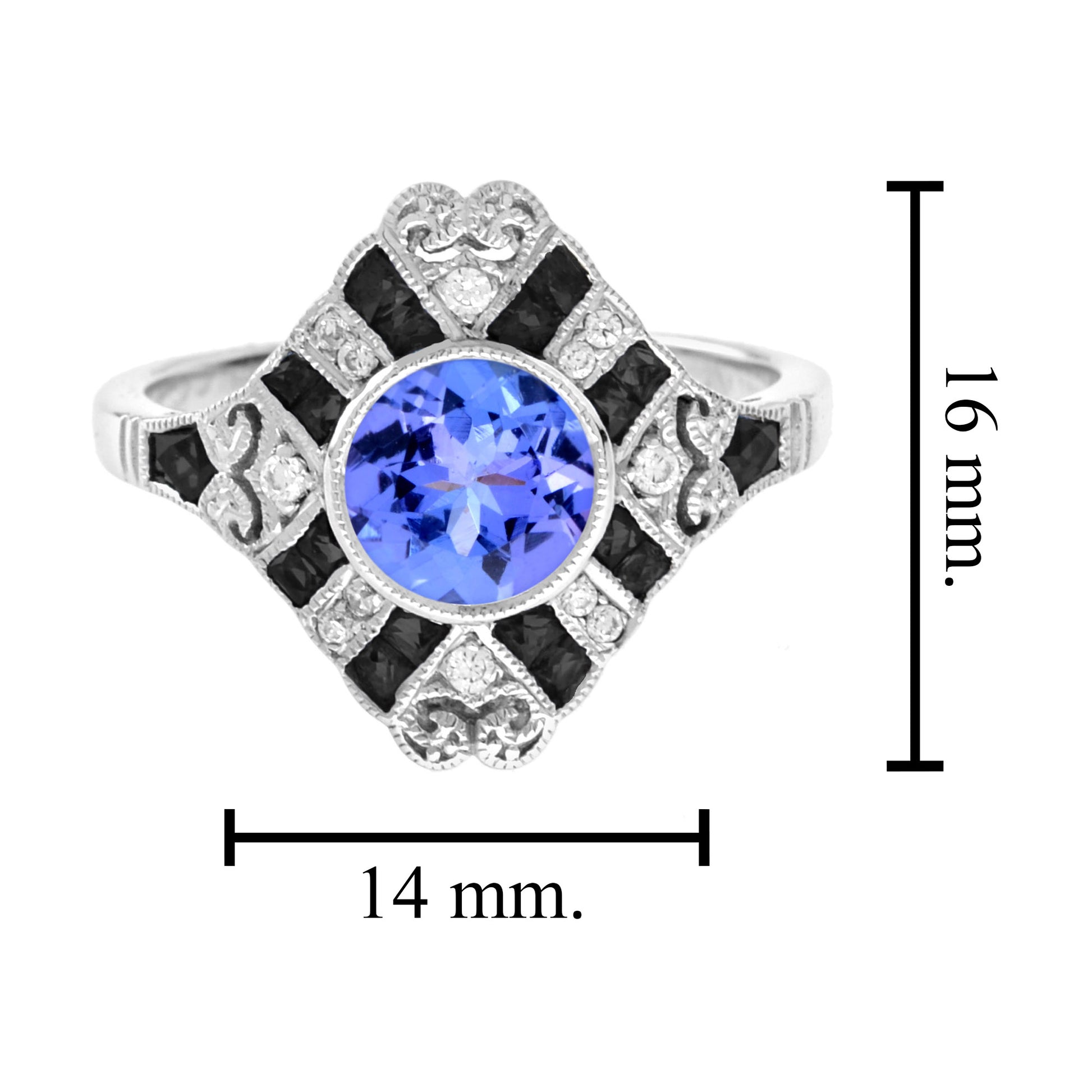 Round Blue Violet Tanzanite Diamond & Onyx Art Deco Style 18K White Gold Ring