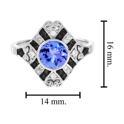 Round Blue Violet Tanzanite Diamond & Onyx Art Deco Style 18K White Gold Ring