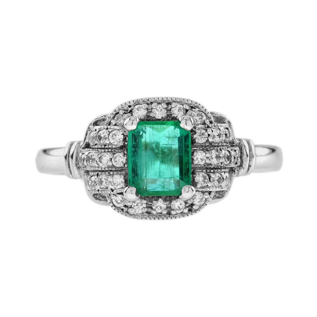 Green Emerald & Diamond Vintage Art Deco Style Halo 14K White Gold Ring