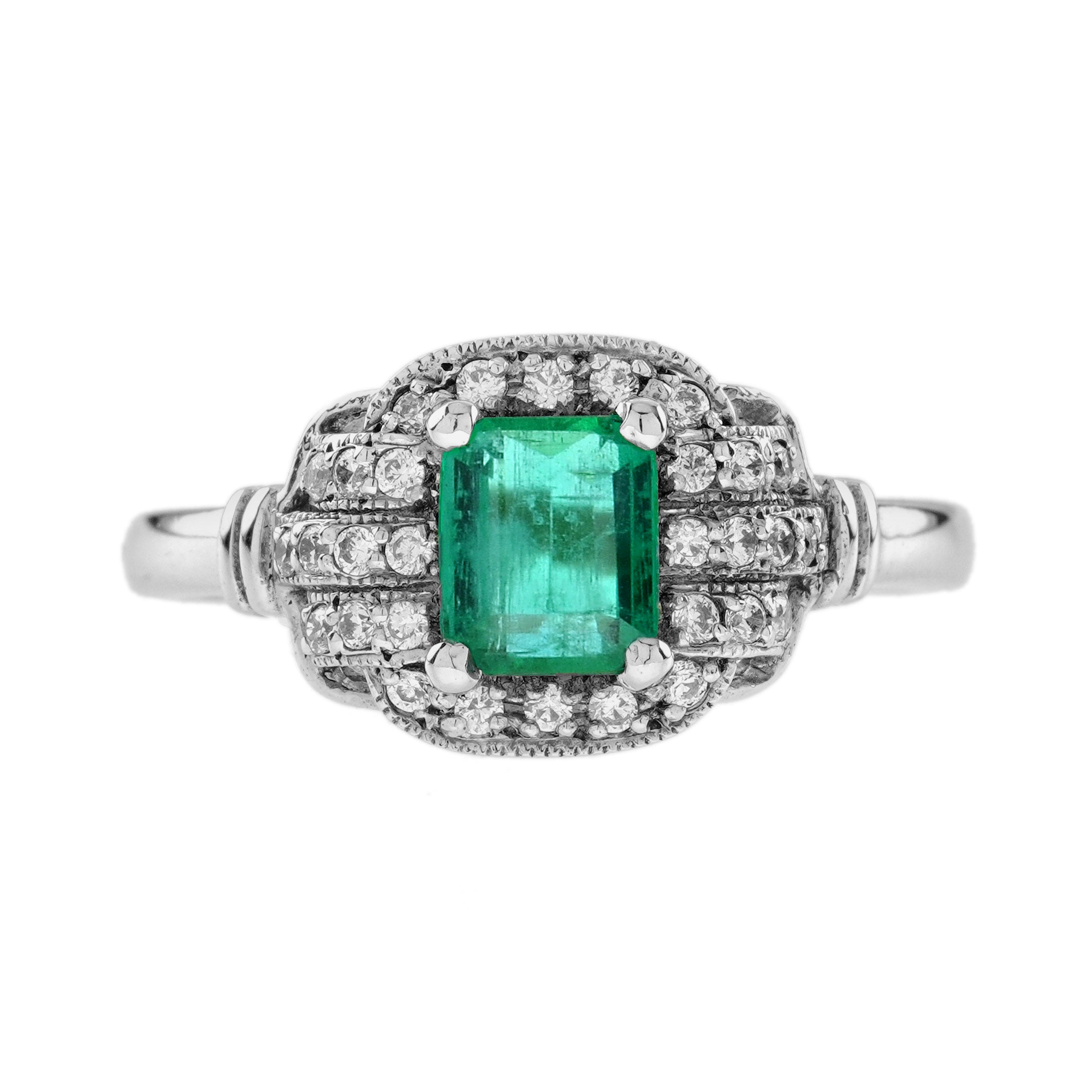 Green Emerald &amp; Diamond Vintage Art Deco Style Halo 14K White Gold Ring