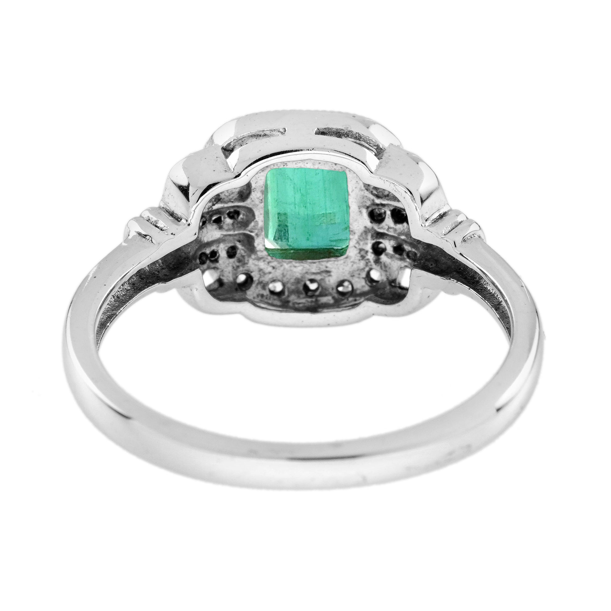 Green Emerald & Diamond Vintage Art Deco Style Halo 14K White Gold Ring