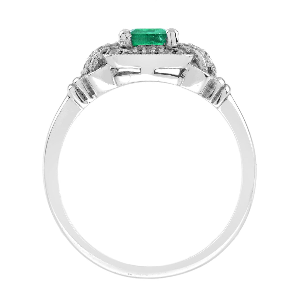 Green Emerald & Diamond Vintage Art Deco Style Halo 14K White Gold Ring