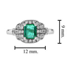 Green Emerald & Diamond Vintage Art Deco Style Halo 14K White Gold Ring