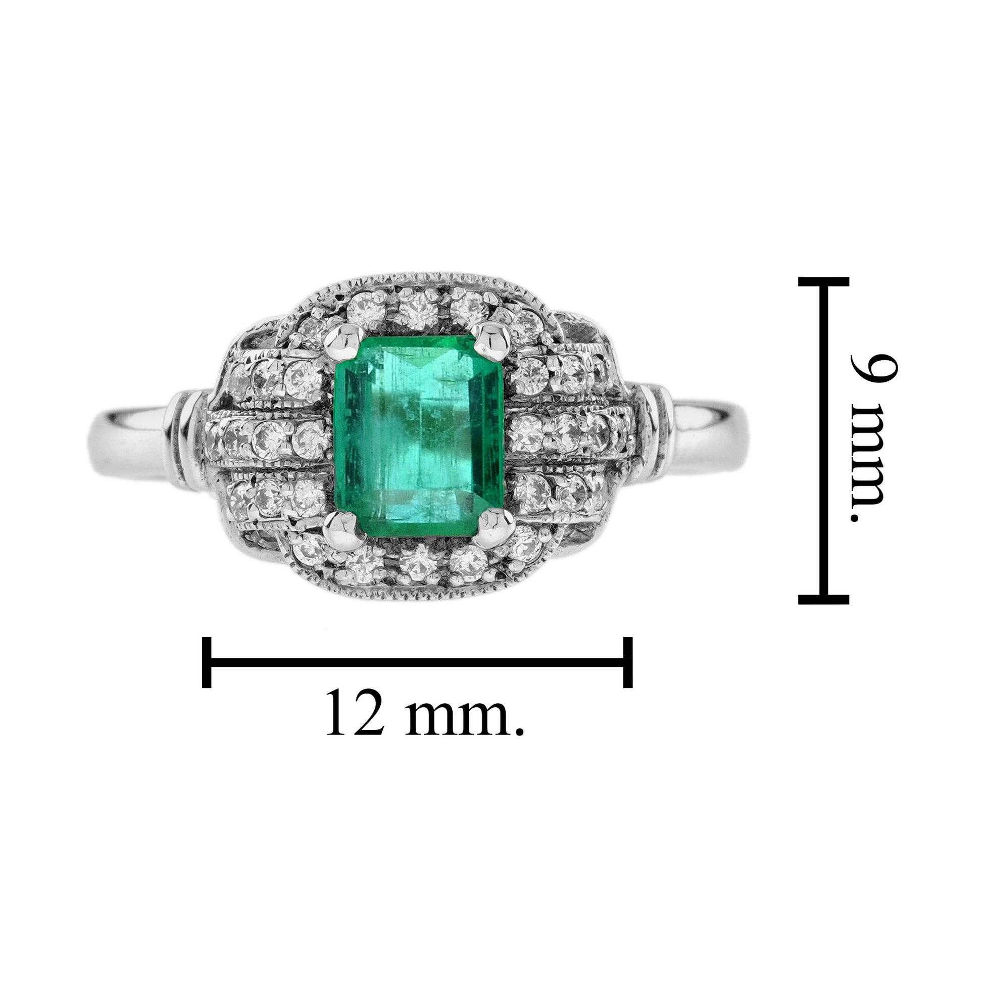 Green Emerald & Diamond Vintage Art Deco Style Halo 14K White Gold Ring