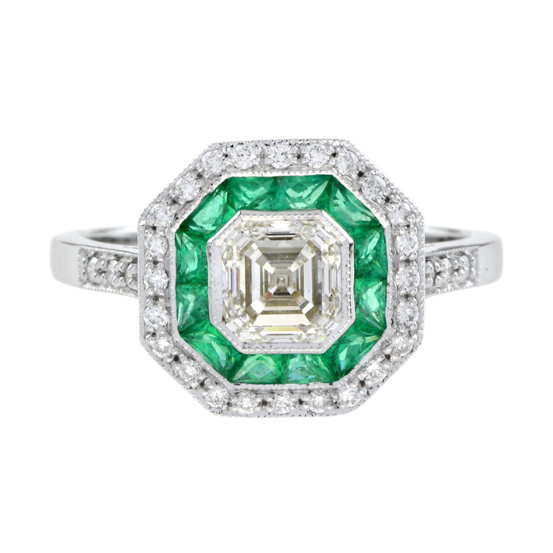 Art Deco Style Square Asscher Diamond & Emerald Engagement 18K White Gold Ring