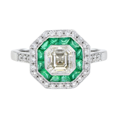 Art Deco Style Square Asscher Diamond &amp; Emerald Engagement 18K White Gold Ring