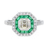 Art Deco Style Square Asscher Diamond & Emerald Engagement 18K White Gold Ring