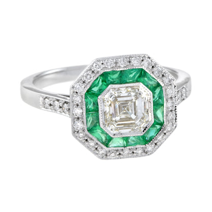 Art Deco Style Square Asscher Diamond &amp; Emerald Engagement 18K White Gold Ring