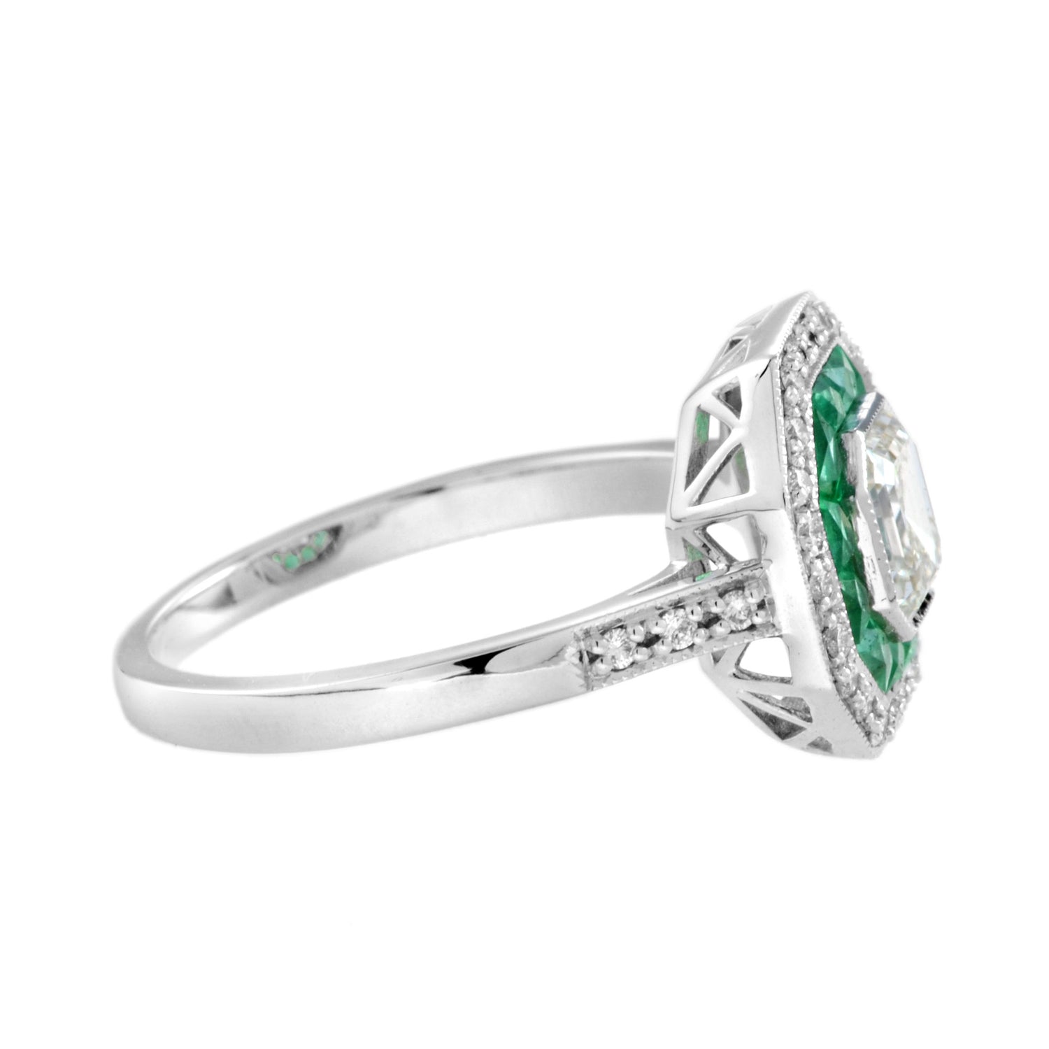 Art Deco Style Square Asscher Diamond &amp; Emerald Engagement 18K White Gold Ring