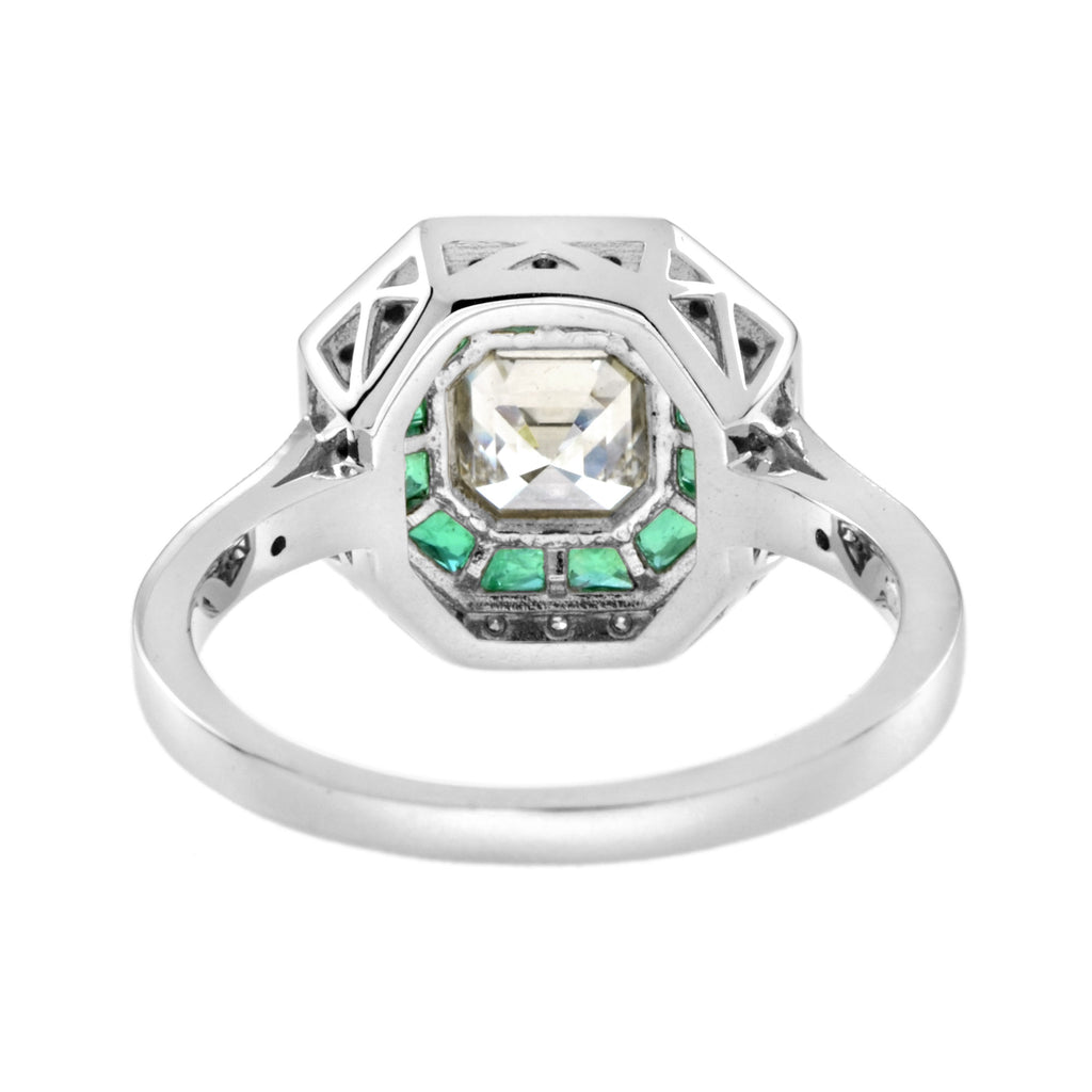 Art Deco Style Square Asscher Diamond & Emerald Engagement 18K White Gold Ring