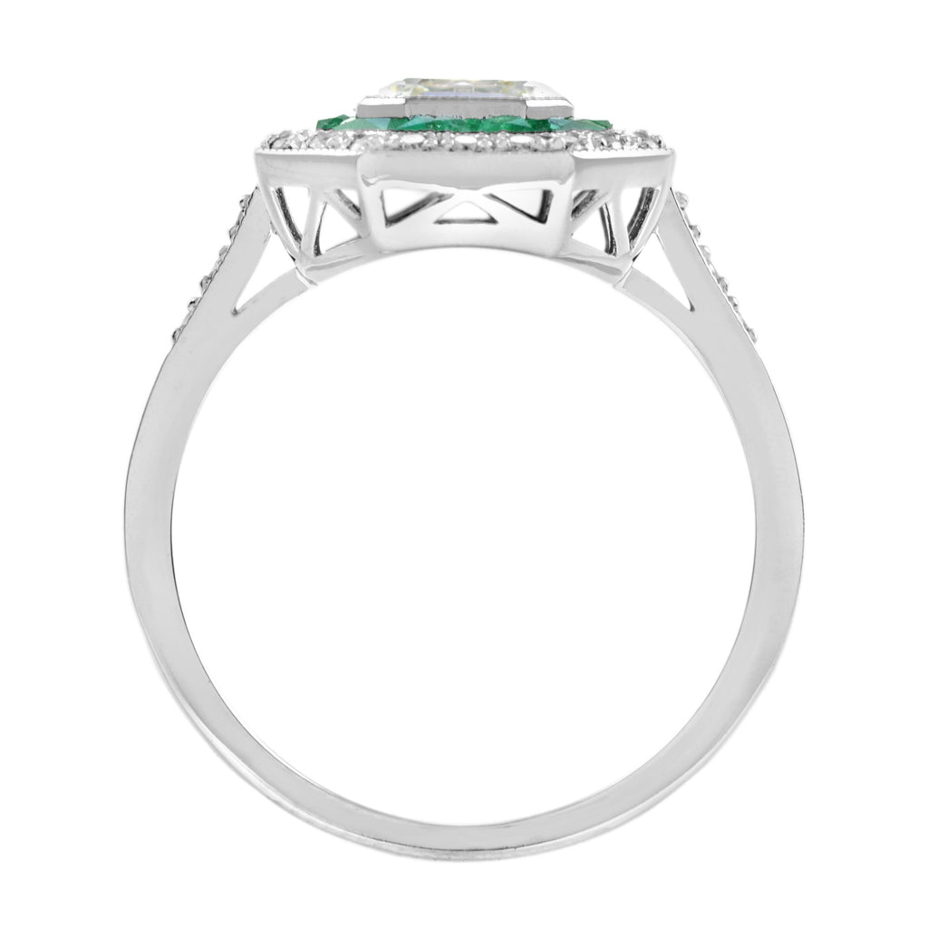 Art Deco Style Square Asscher Diamond & Emerald Engagement 18K White Gold Ring