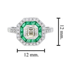 Art Deco Style Square Asscher Diamond & Emerald Engagement 18K White Gold Ring