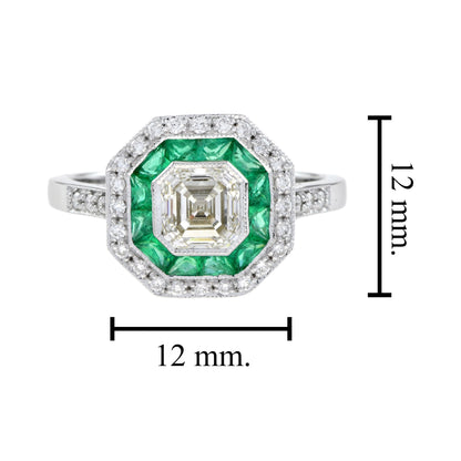 Art Deco Style Square Asscher Diamond &amp; Emerald Engagement 18K White Gold Ring