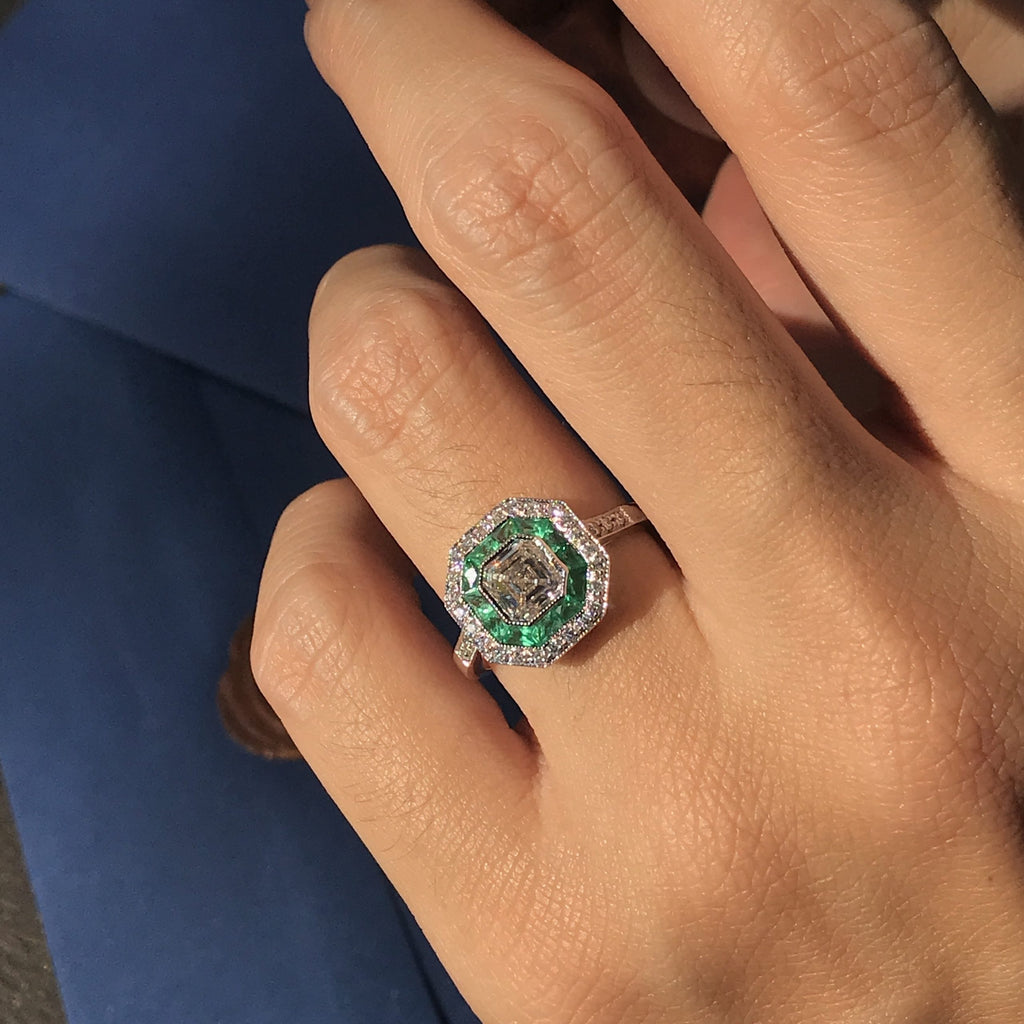 Art Deco Style Square Asscher Diamond & Emerald Engagement 18K White Gold Ring