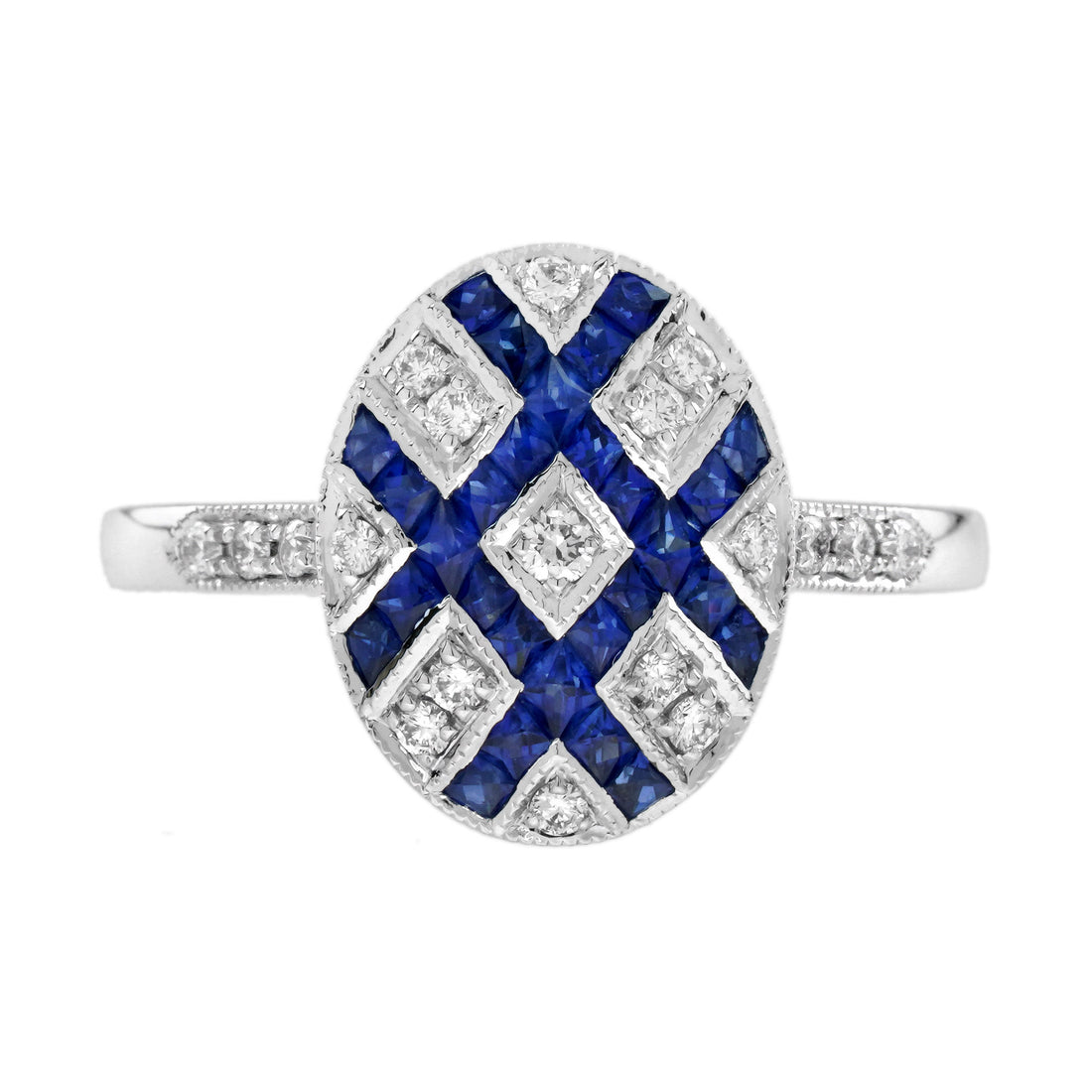 Diamond & Blue Sapphire Vintage Inspired Art Deco Style Cluster White Gold Ring
