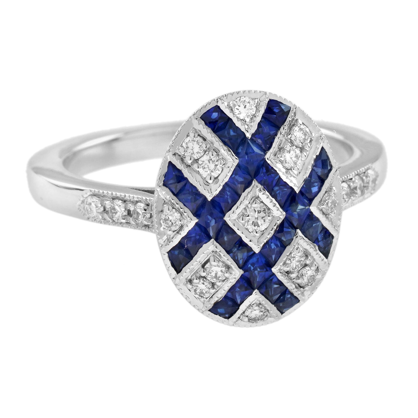 diamond & blue sapphire vintage inspired art deco style cluster white gold ring