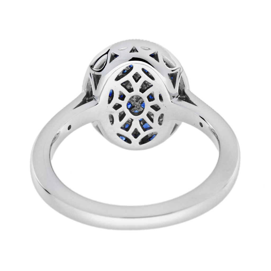 Diamond & Blue Sapphire Vintage Inspired Art Deco Style Cluster White Gold Ring
