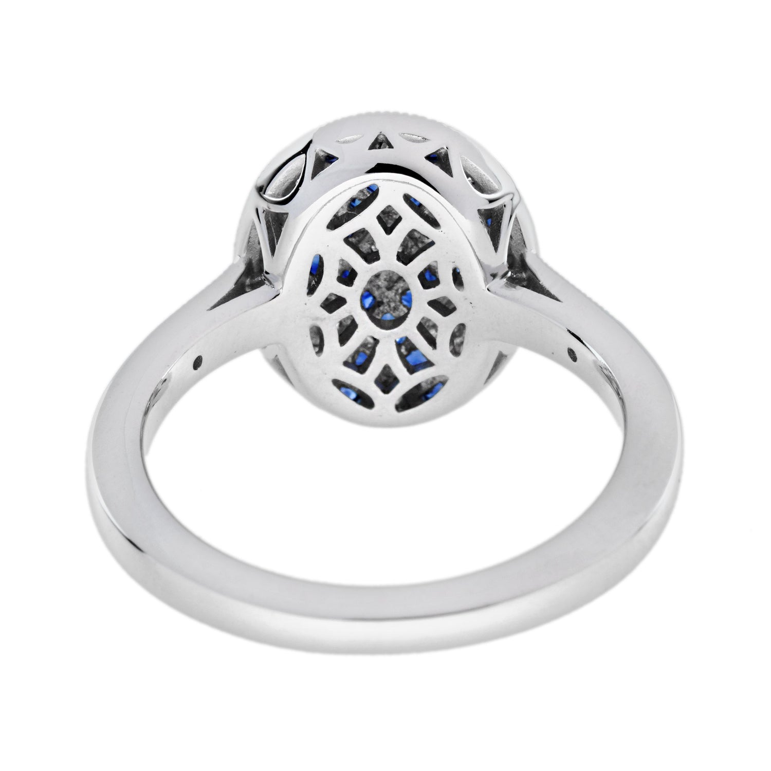 Diamond &amp; Blue Sapphire Vintage Inspired Art Deco Style Cluster White Gold Ring