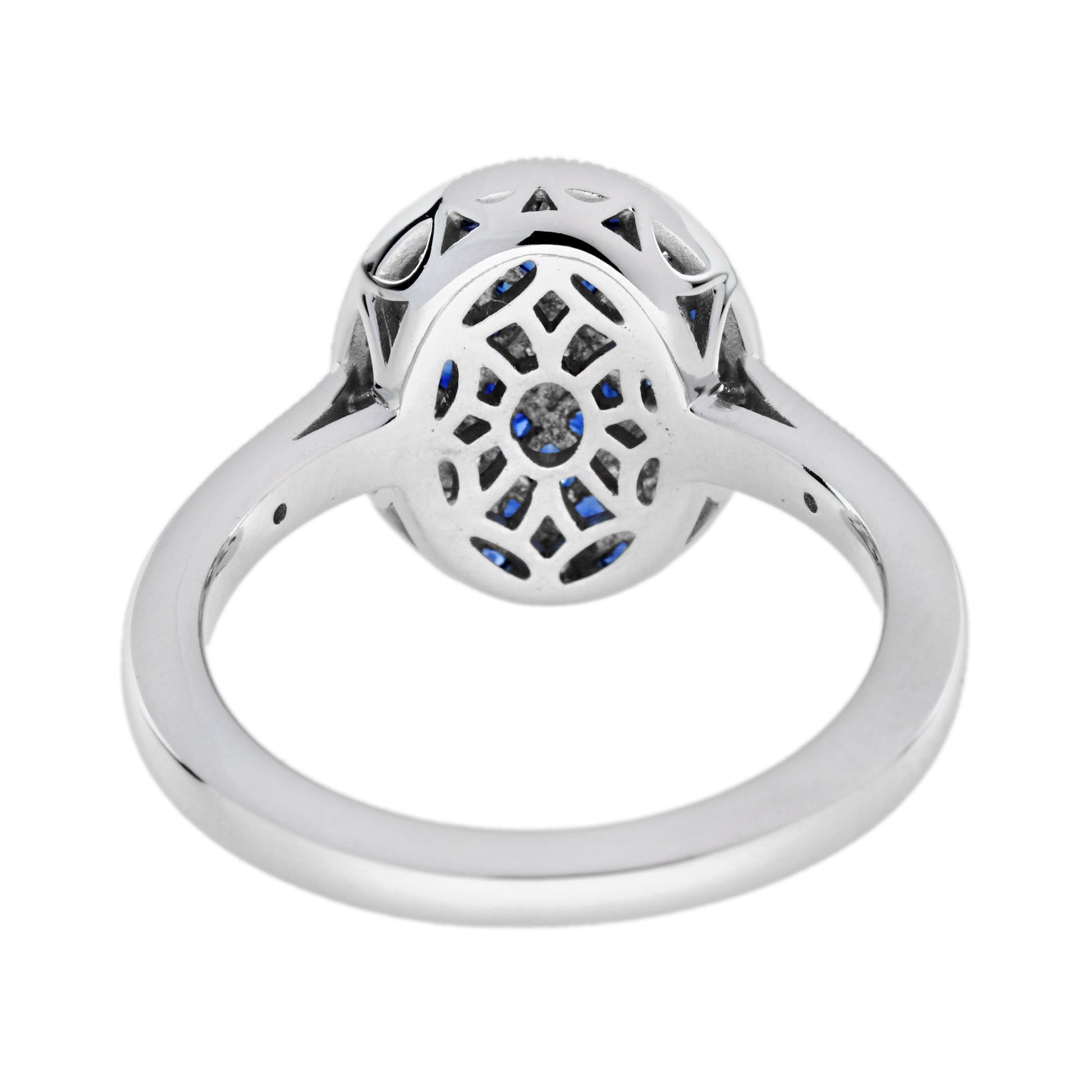 Diamond & Blue Sapphire Vintage Inspired Art Deco Style Cluster White Gold Ring