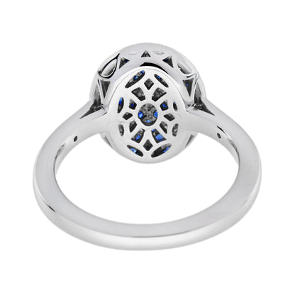 Diamond & Blue Sapphire Vintage Inspired Art Deco Style Cluster White Gold Ring