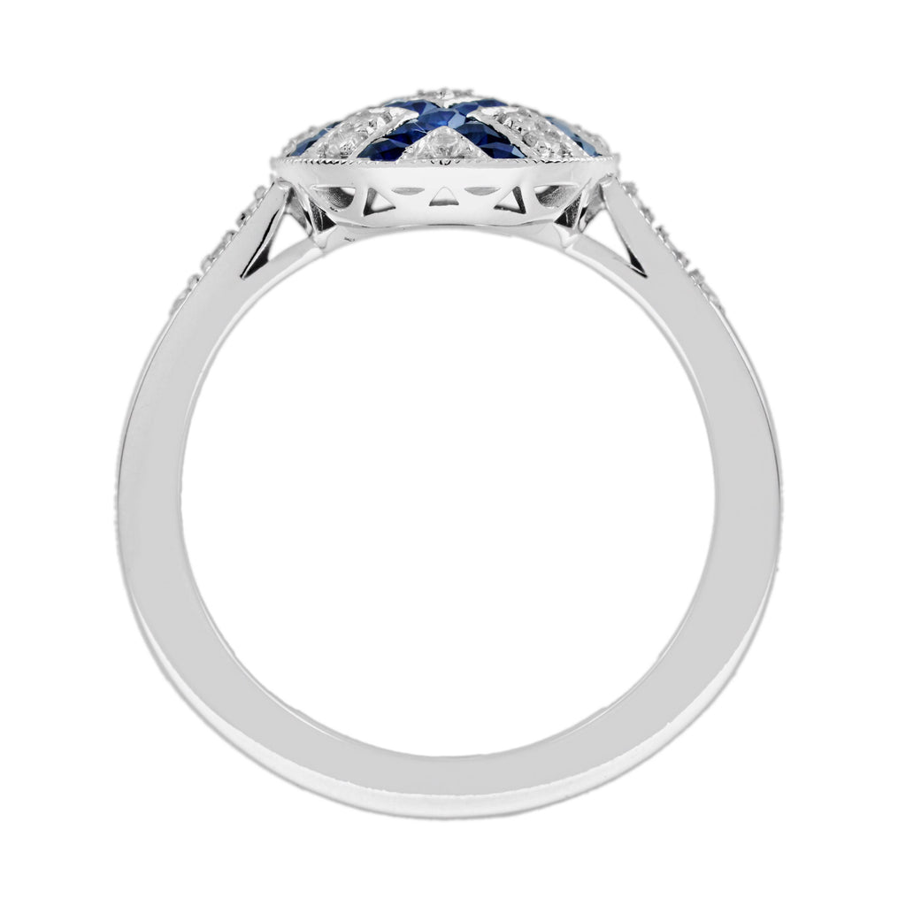 Diamond & Blue Sapphire Vintage Inspired Art Deco Style Cluster White Gold Ring