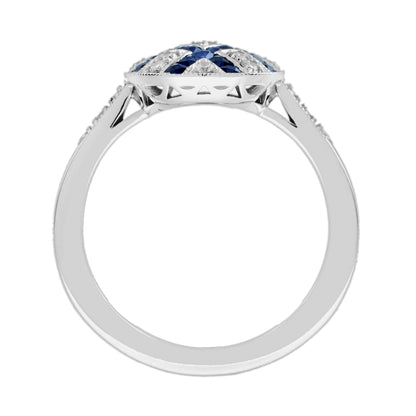 Diamond & Blue Sapphire Vintage Inspired Art Deco Style Cluster White Gold Ring