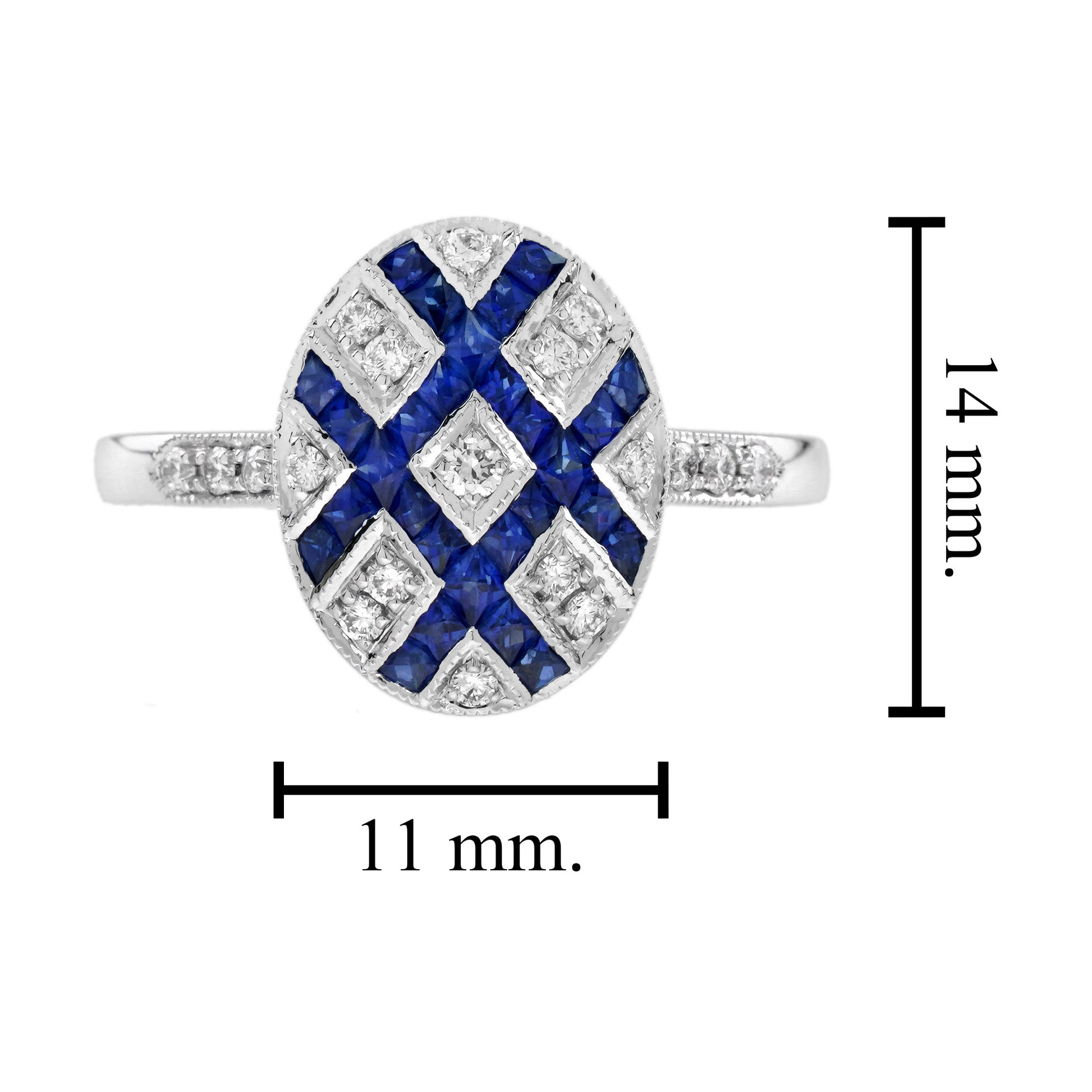 Diamond & Blue Sapphire Vintage Inspired Art Deco Style Cluster White Gold Ring