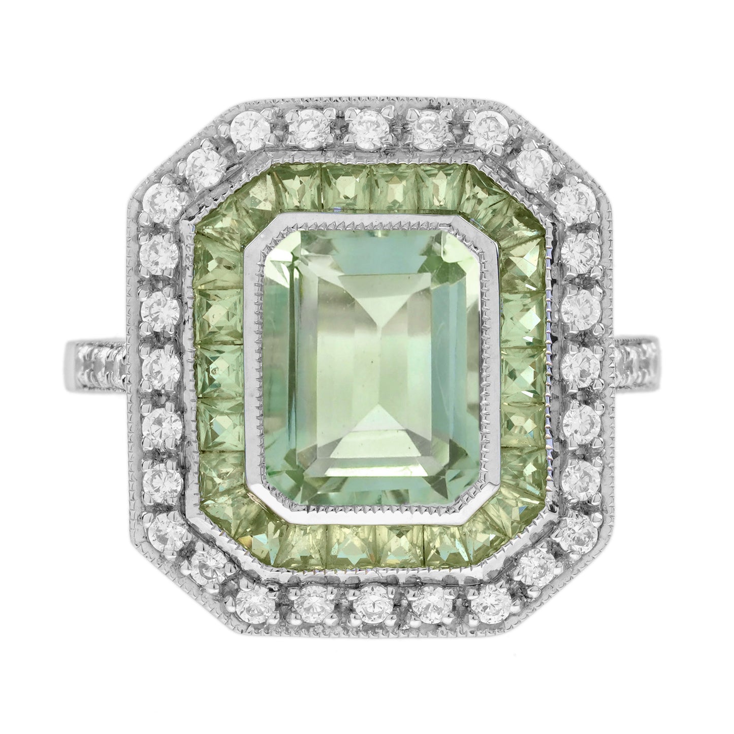 rectangle green amethyst & peridot diamond art deco style 14k white gold ring