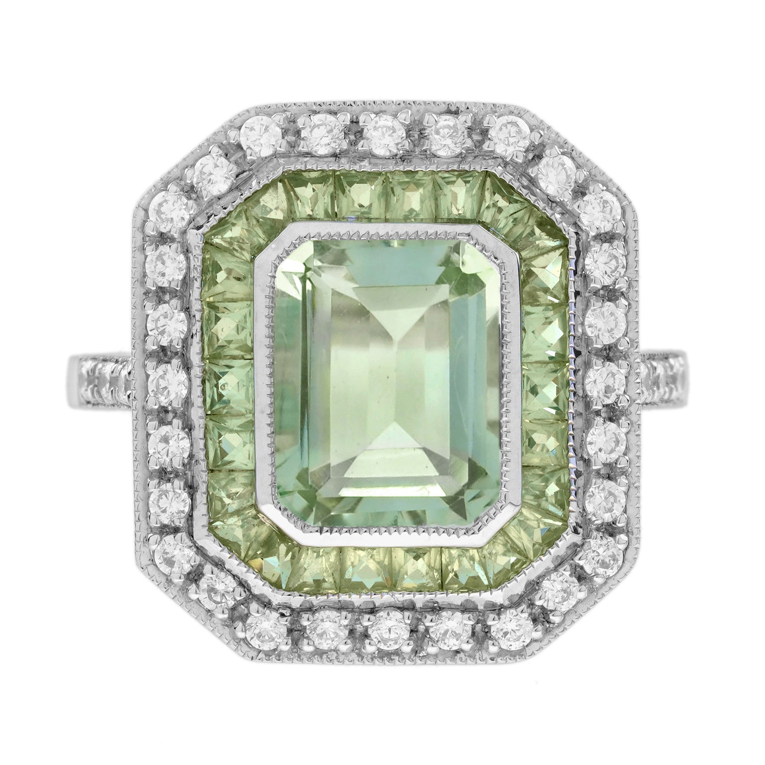 Rectangle Green Amethyst &amp; Peridot Diamond Art Deco Style 14K White Gold Ring