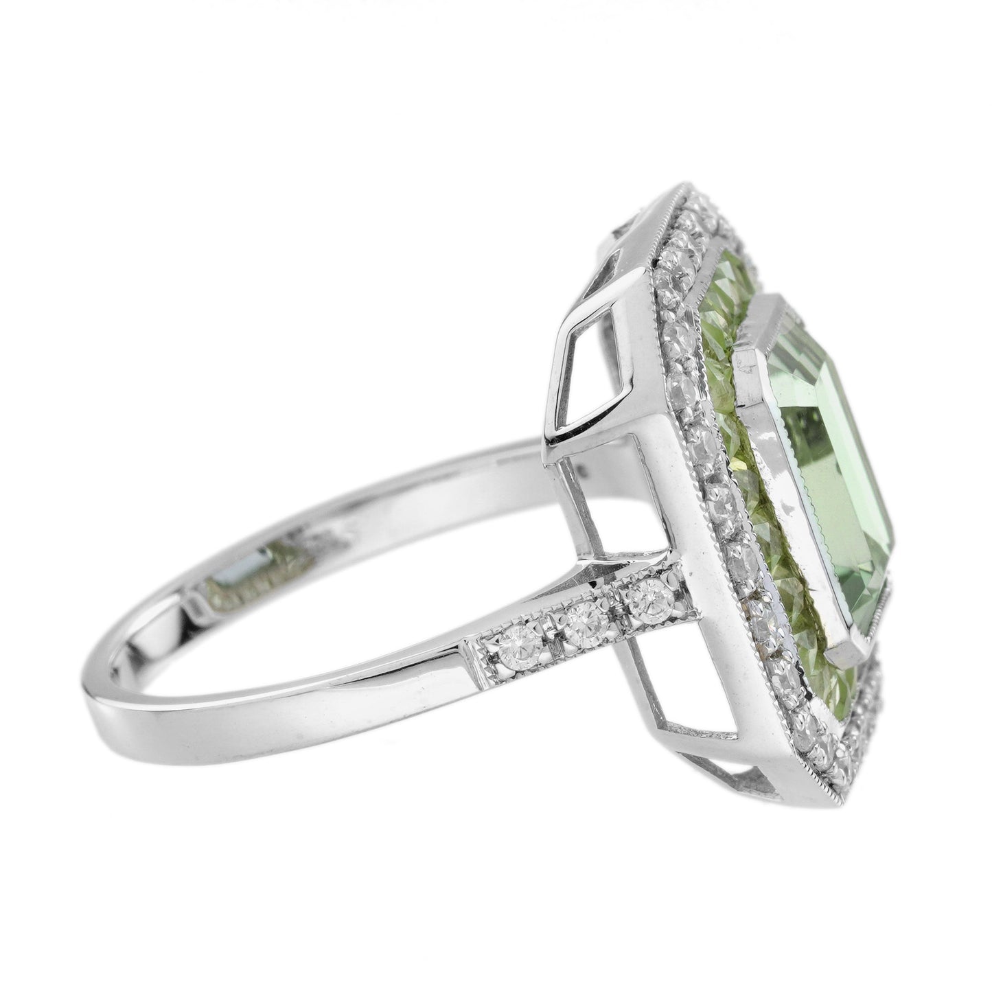 rectangle green amethyst & peridot diamond art deco style 14k white gold ring