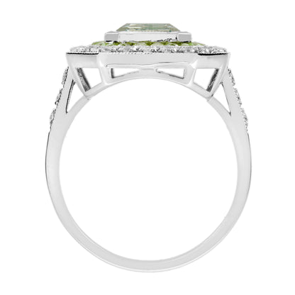 Rectangle Green Amethyst & Peridot Diamond Art Deco Style 14K White Gold Ring