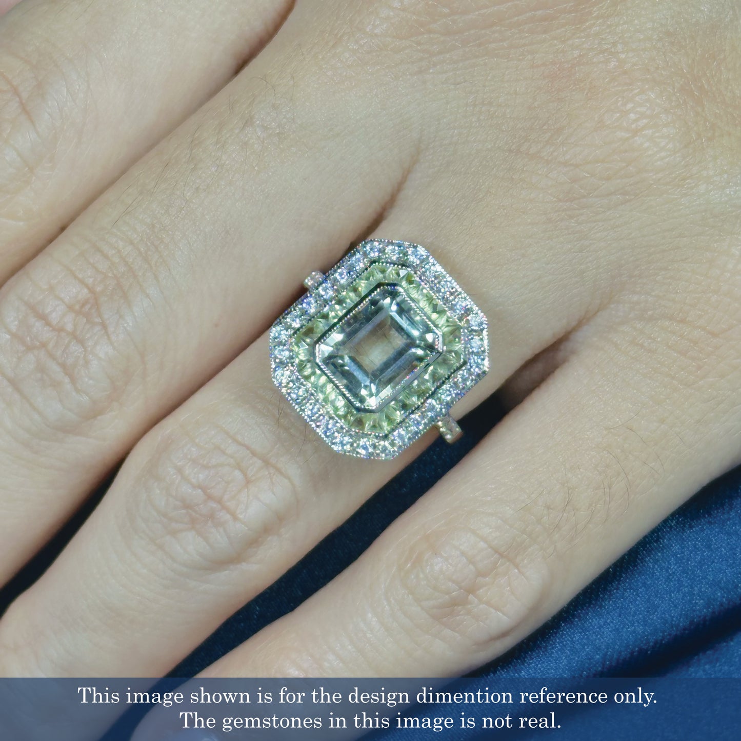 rectangle green amethyst & peridot diamond art deco style 14k white gold ring