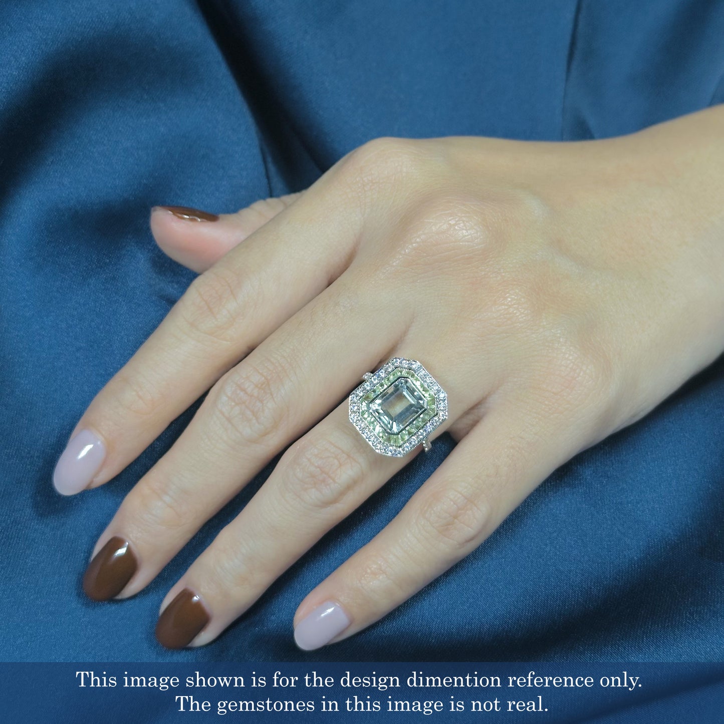 rectangle green amethyst & peridot diamond art deco style 14k white gold ring