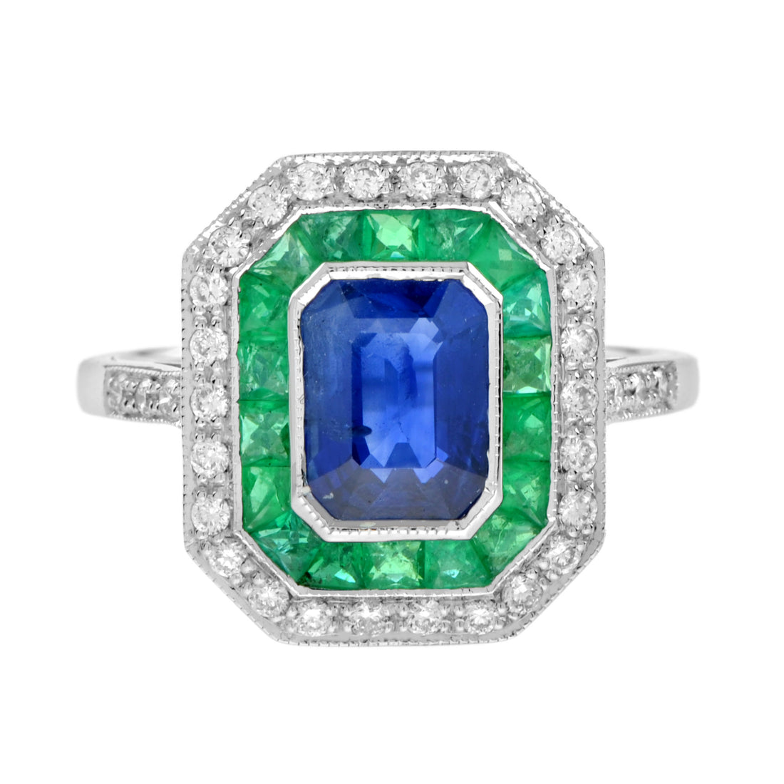 Art Deco Style Octagon Cut Blue Sapphire & Emerald Diamond 14K White Gold Ring