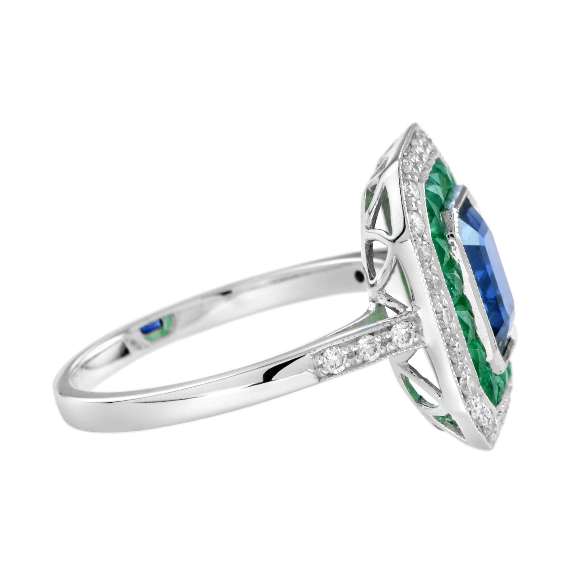Art Deco Style Octagon Cut Blue Sapphire & Emerald Diamond 14K White Gold Ring