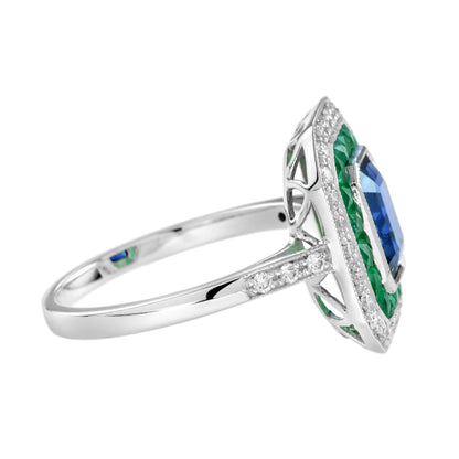 Art Deco Style Octagon Cut Blue Sapphire & Emerald Diamond 14K White Gold Ring