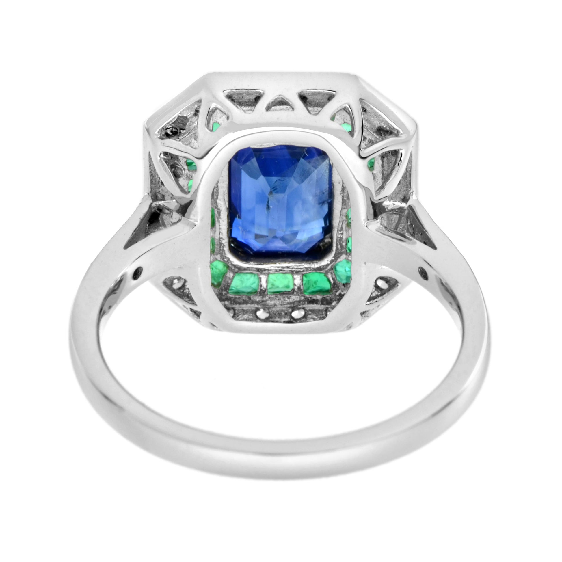 Art Deco Style Octagon Cut Blue Sapphire & Emerald Diamond 14K White Gold Ring
