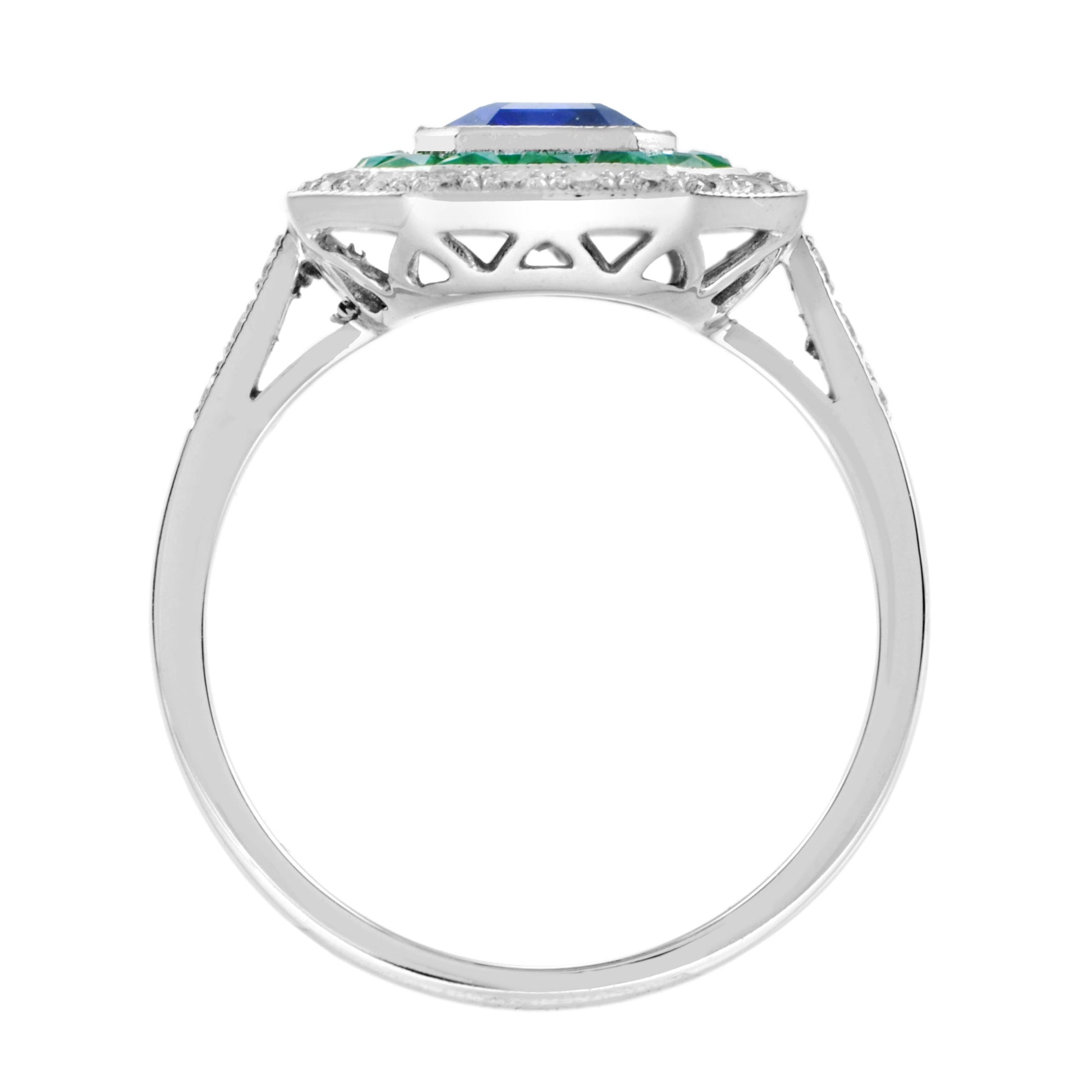 Art Deco Style Octagon Cut Blue Sapphire & Emerald Diamond 14K White Gold Ring