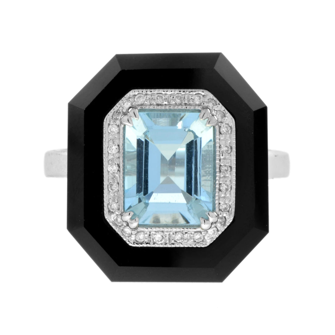 Art Deco Style Emerald Cut Blue Aquamarine &amp; Diamond Onyx 14K White Gold Ring