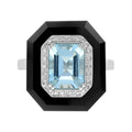 Art Deco Style Emerald Cut Blue Aquamarine & Diamond Onyx 14K White Gold Ring