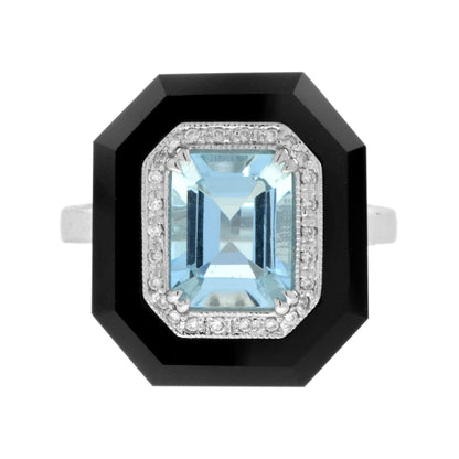 Art Deco Style Emerald Cut Blue Aquamarine & Diamond Onyx 14K White Gold Ring