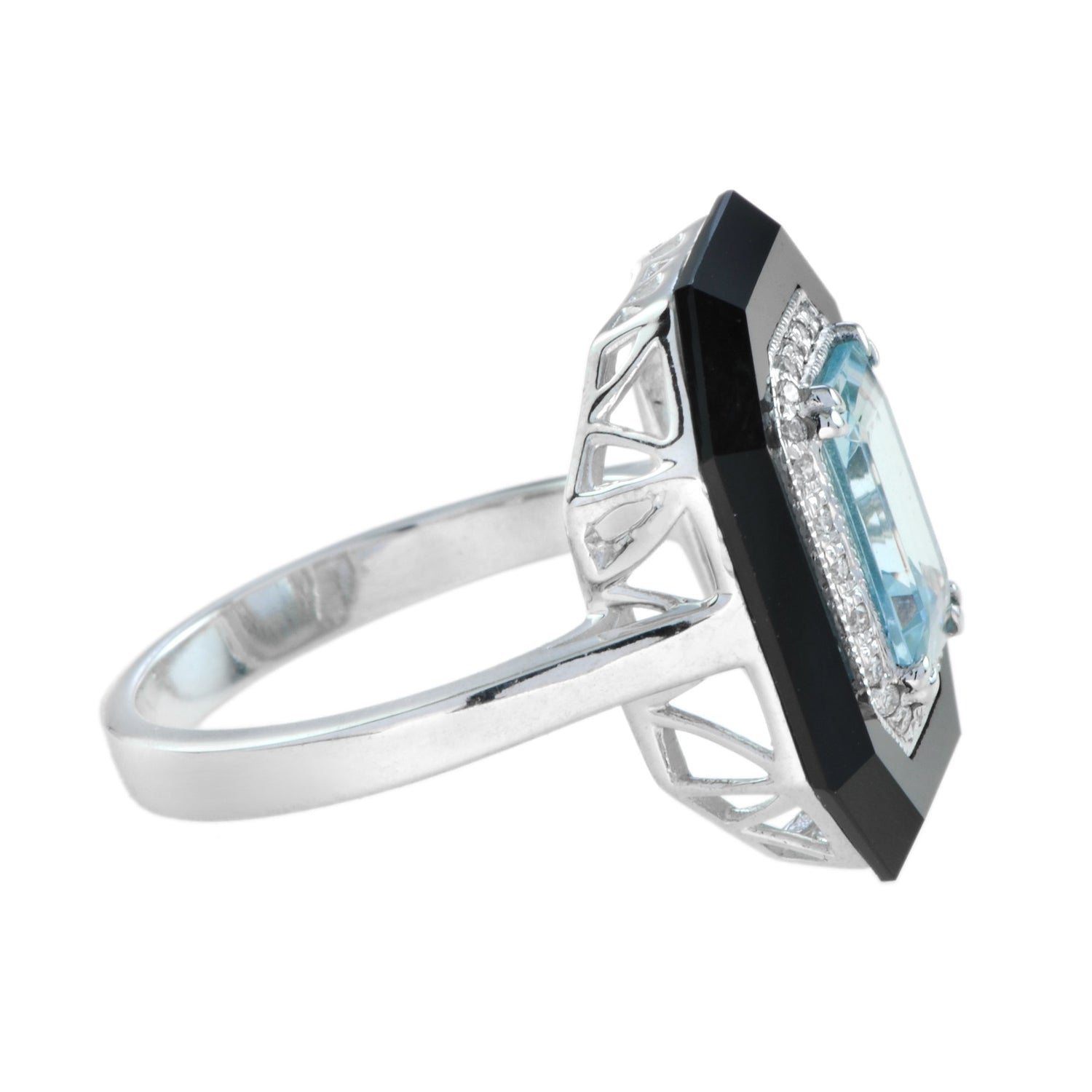 Art Deco Style Emerald Cut Blue Aquamarine &amp; Diamond Onyx 14K White Gold Ring
