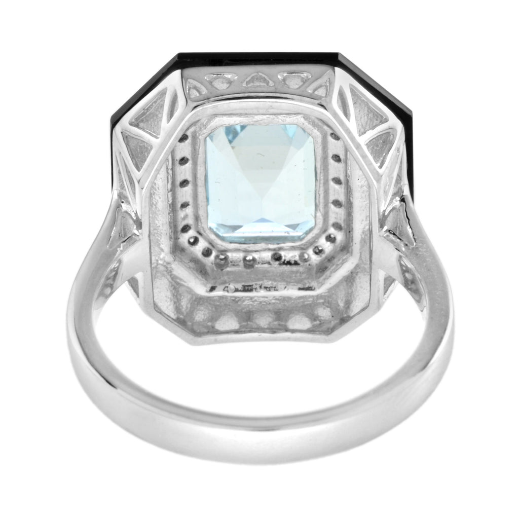 Art Deco Style Emerald Cut Blue Aquamarine & Diamond Onyx 14K White Gold Ring